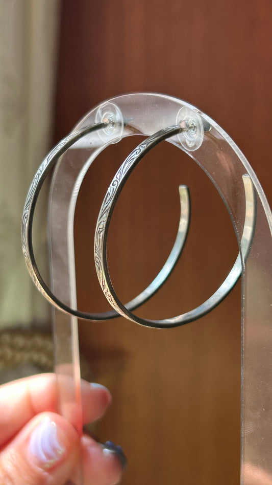 Large Hand Engraved Sterling Hoop Earrings with Post