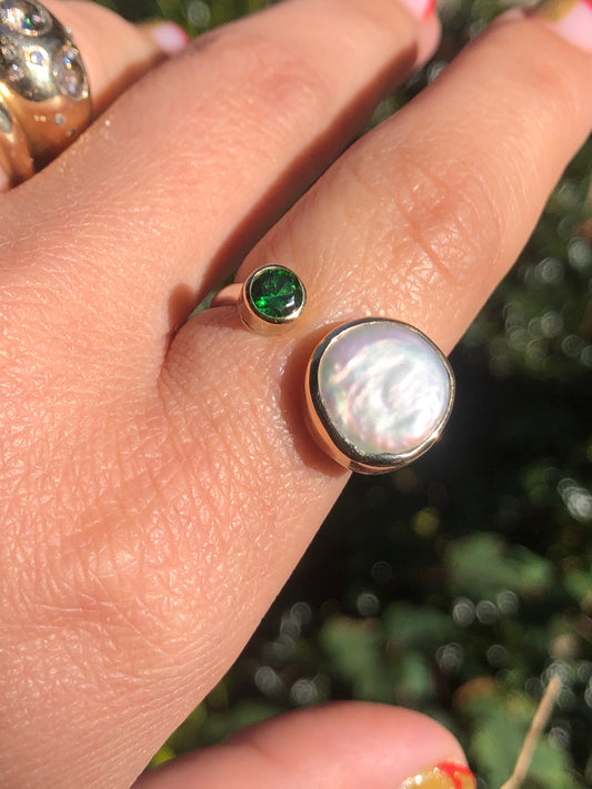 Freshwater Pearl and Green CZ 14k and Sterling Adjustable Ring