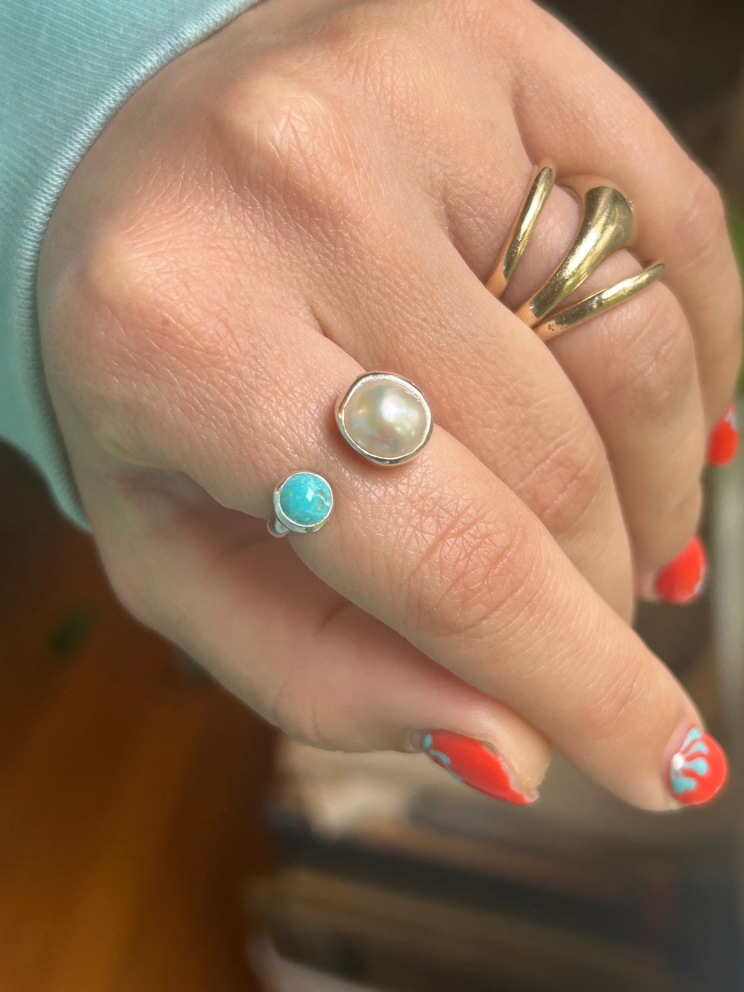 Freshwater Pearl & Turquoise Adjustable Ring
