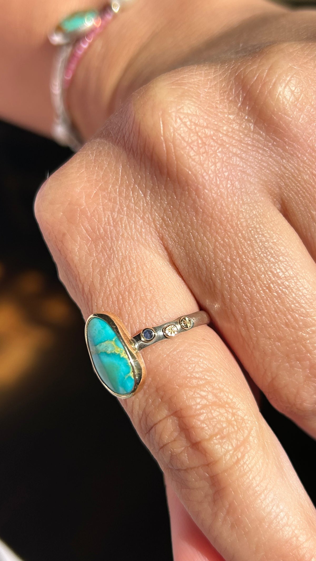 Mixed Metal with Turquoise & sapphire details. Size 8.5