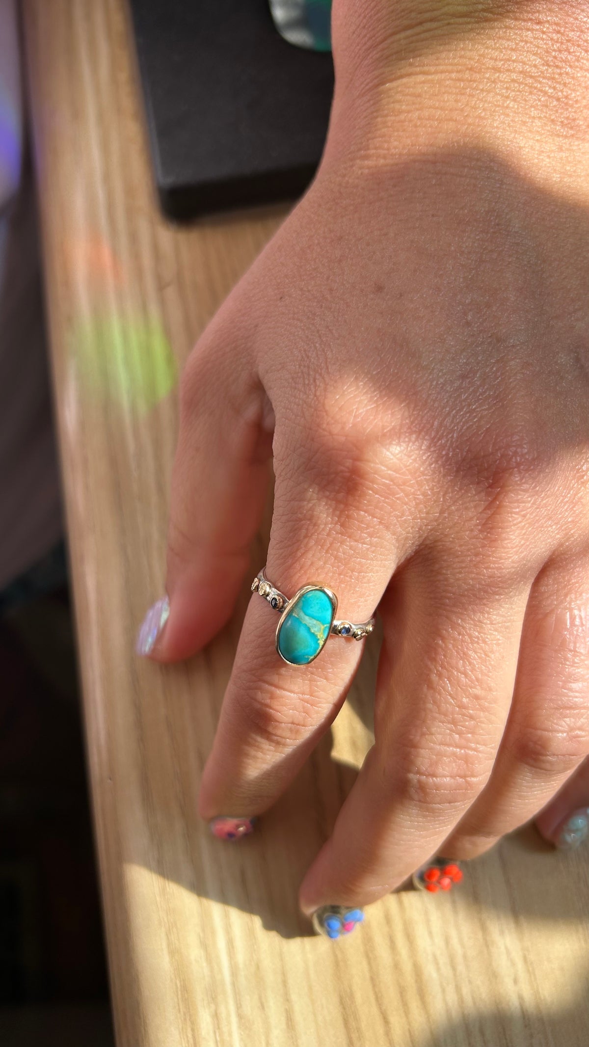 Mixed Metal with Turquoise & sapphire details. Size 8.5