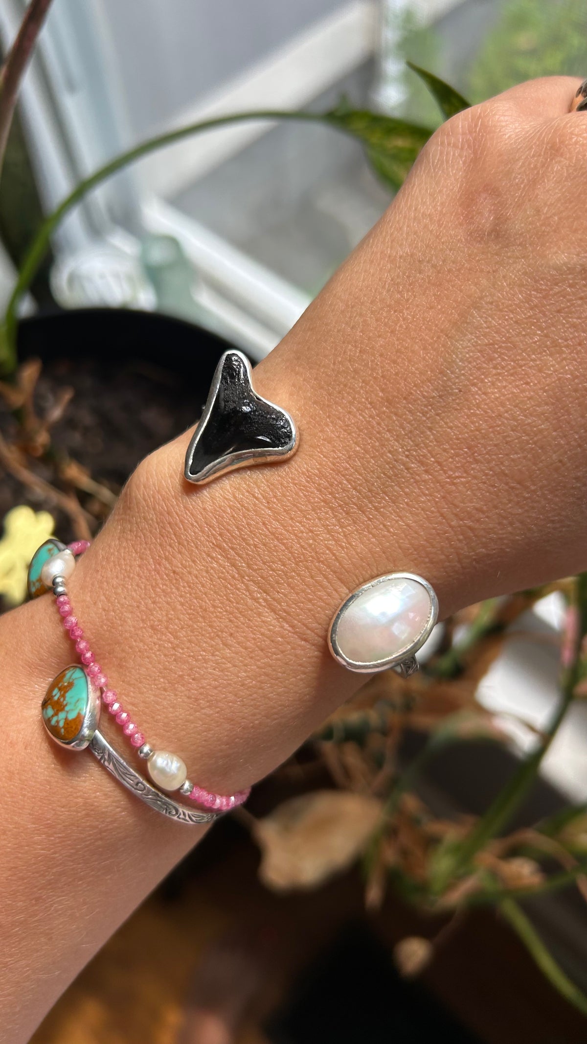 Fossilized Shark Tooth and Mother of Pearl Cuff