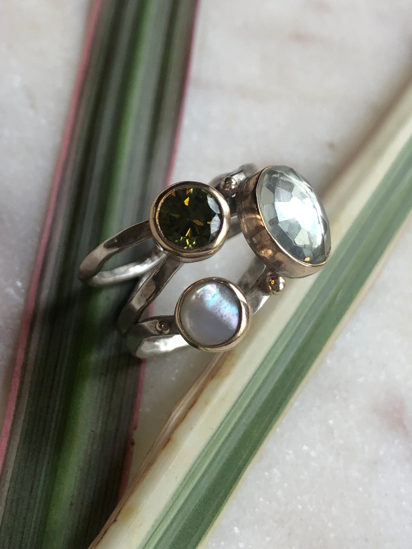 Mother of Pearl, Peridot and Green Amethyst Multi band ring with 14K Gold Bezel and Accents