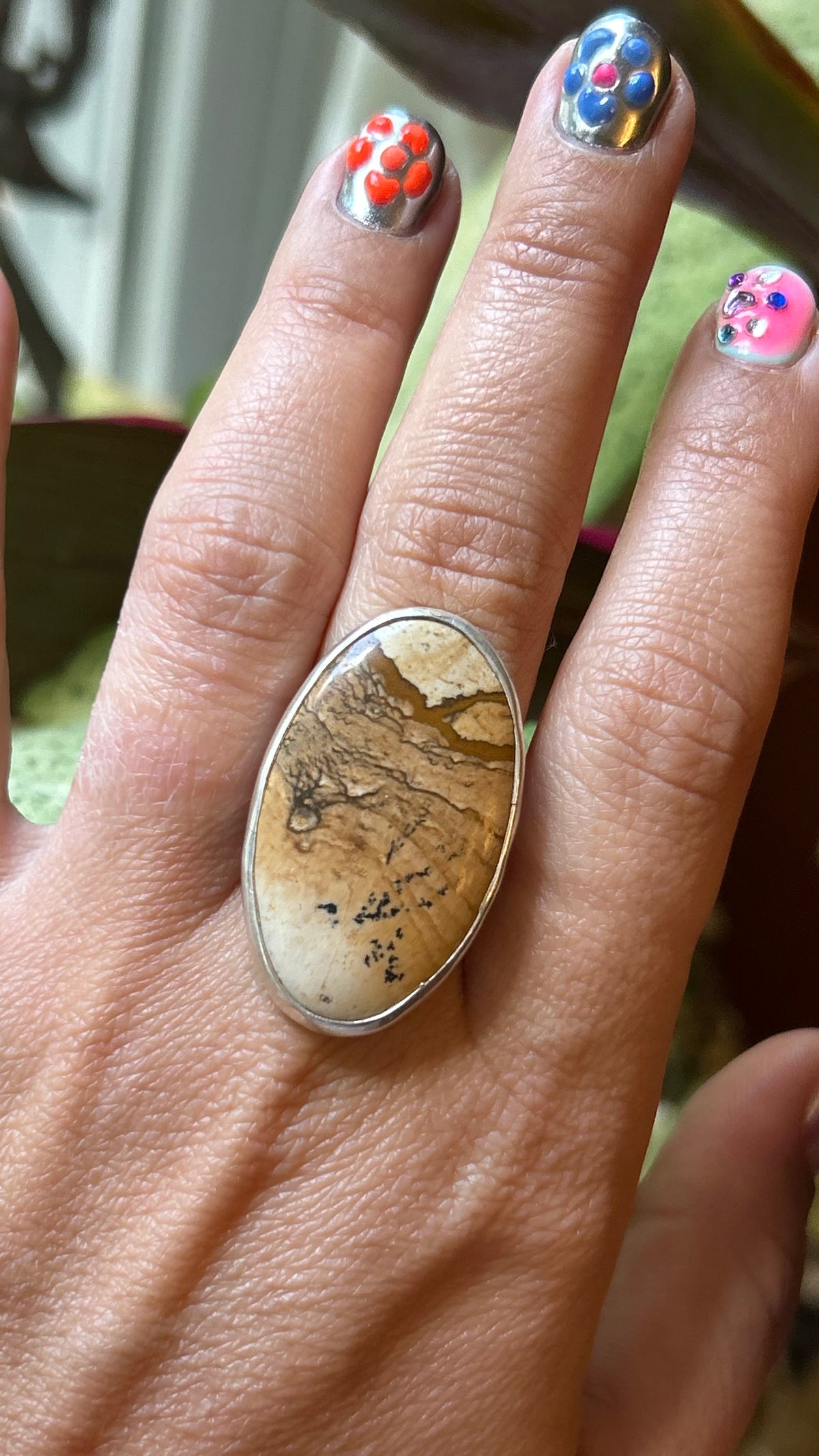 Large oval Landscape Jasper Ring Size 8
