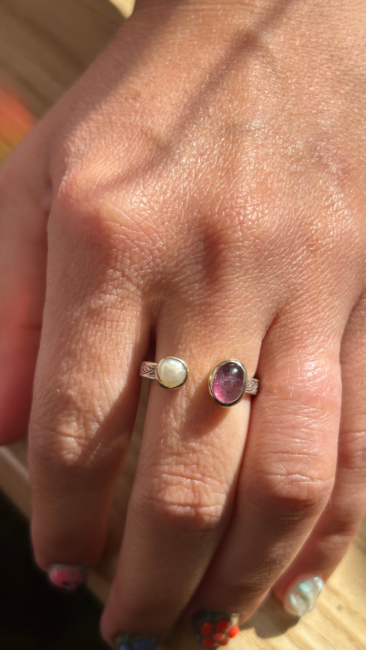 Mixed metal pink tourmaline & pearl ring size 9