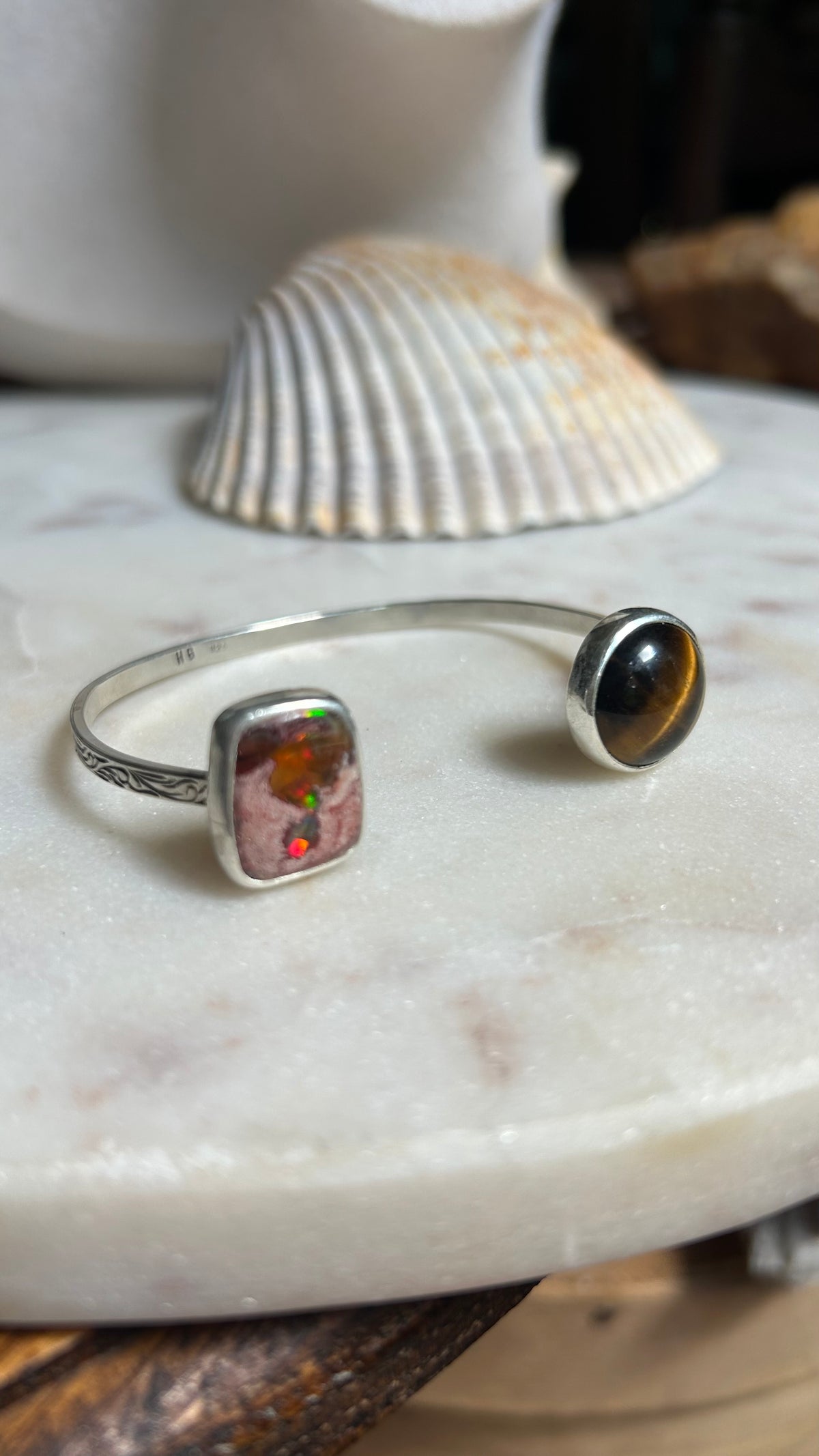 Fire Opal & Tigers Eye Engraved cuff