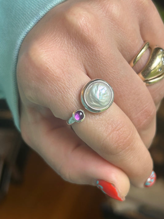 Freshwater Coin Pearl & Amethyst Adjustable Ring