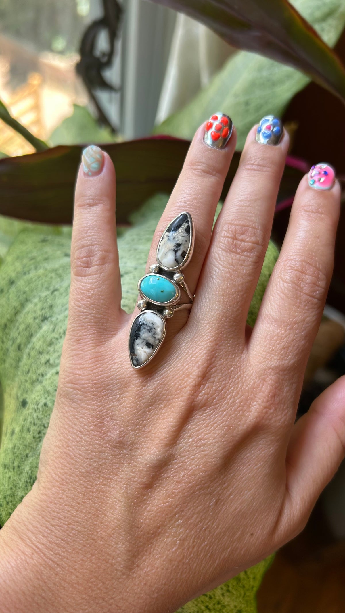 Double White Buffalo & Turquoise Ring Size 6.75