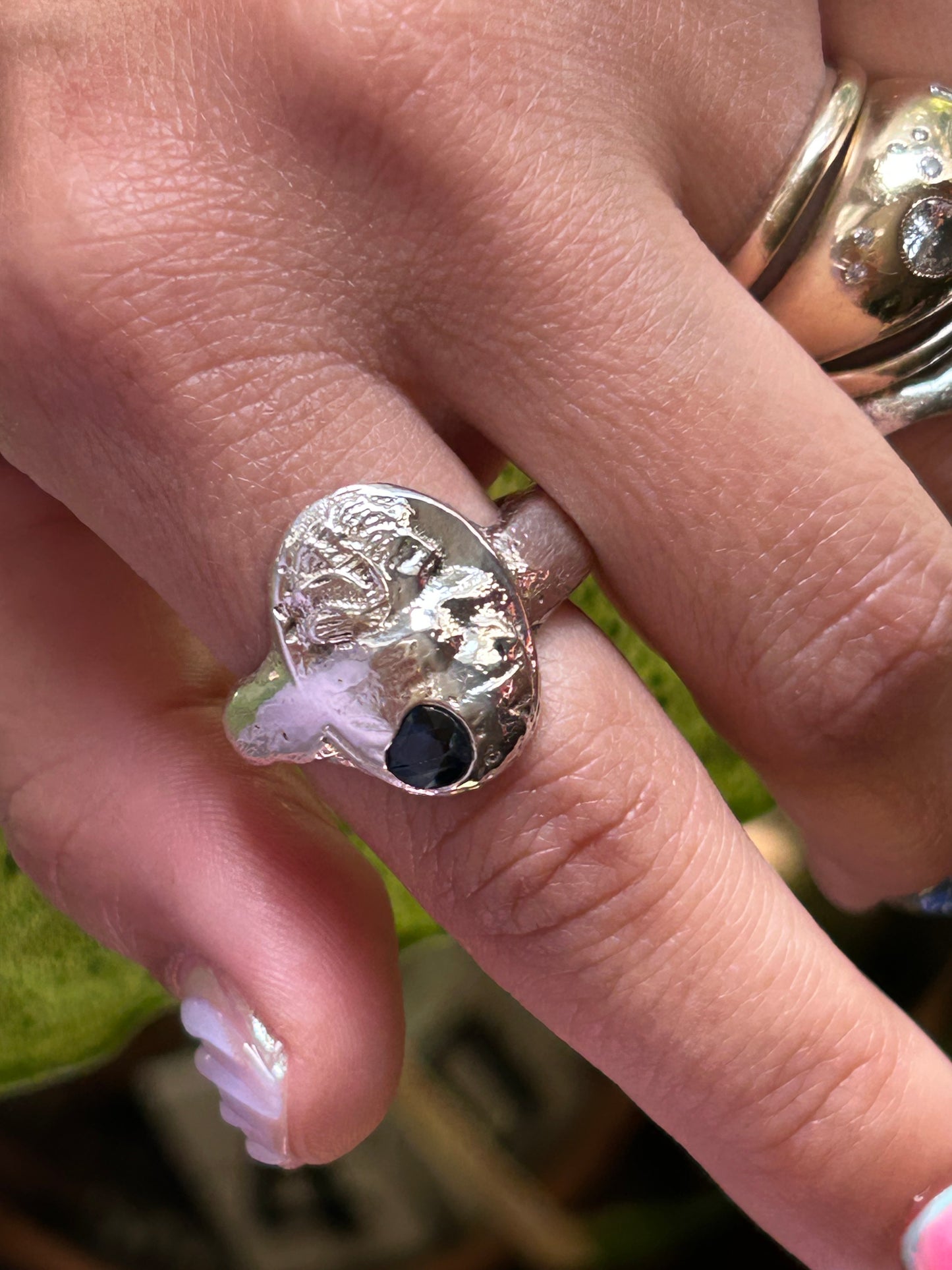 Blazar Sand Cast Abstact Cameo Ring with Blue Sapphire size 9.25