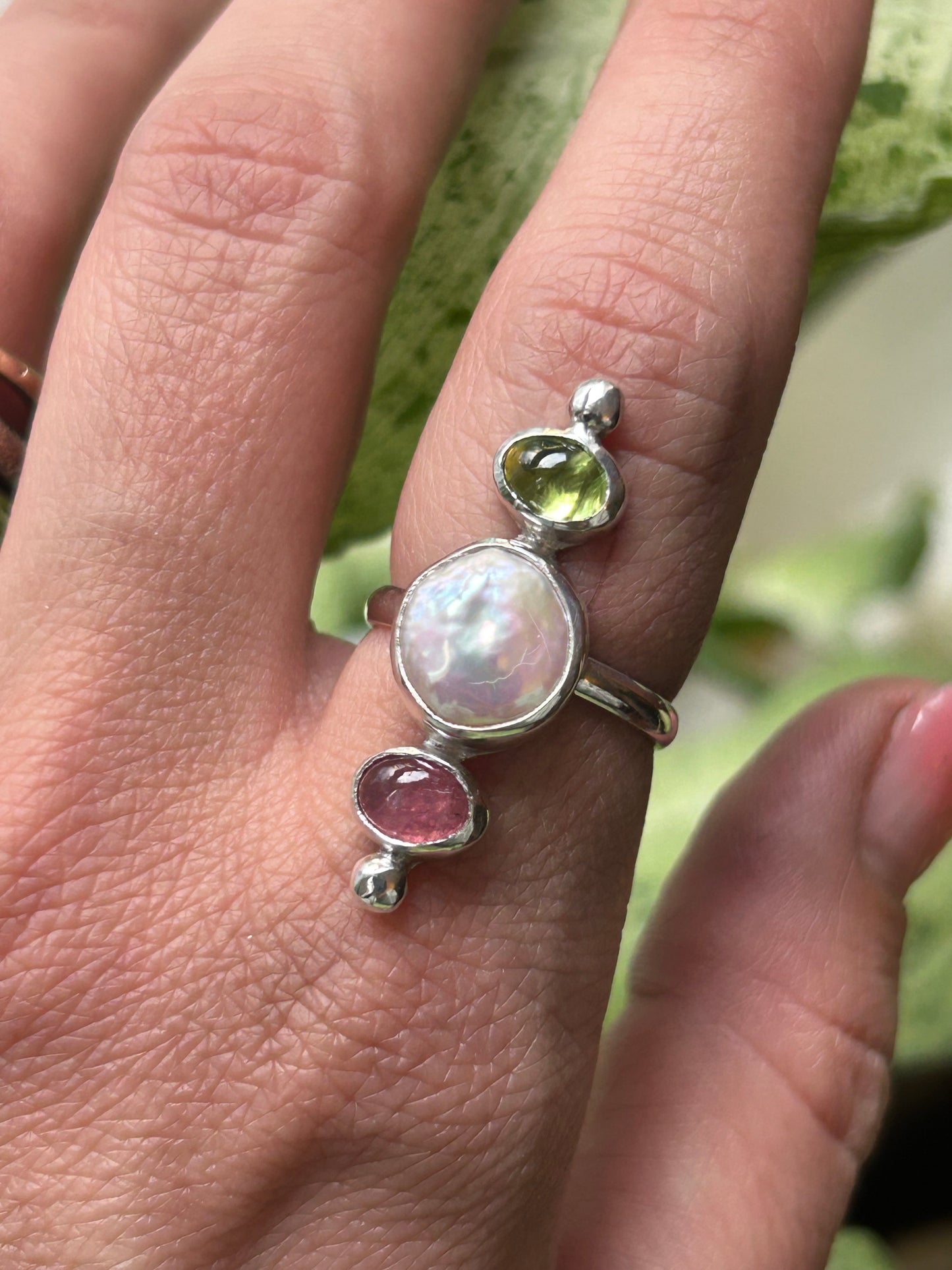 Pink Tourmaline, Peridot and Freshwater Pearl ring