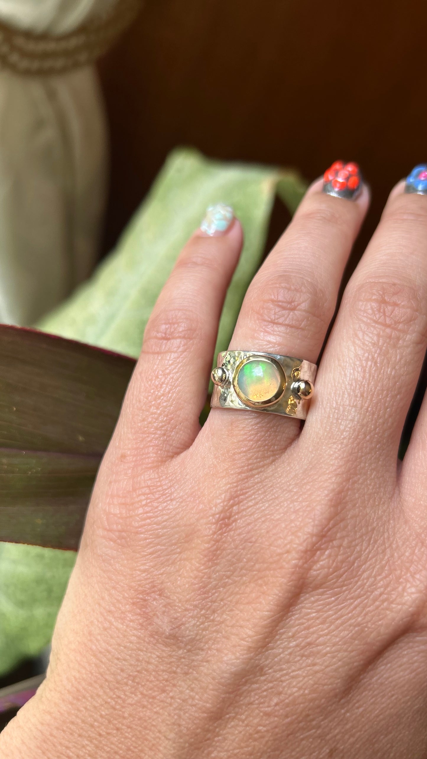 Wide Band with Ethiopian Opal and 14k details size 7