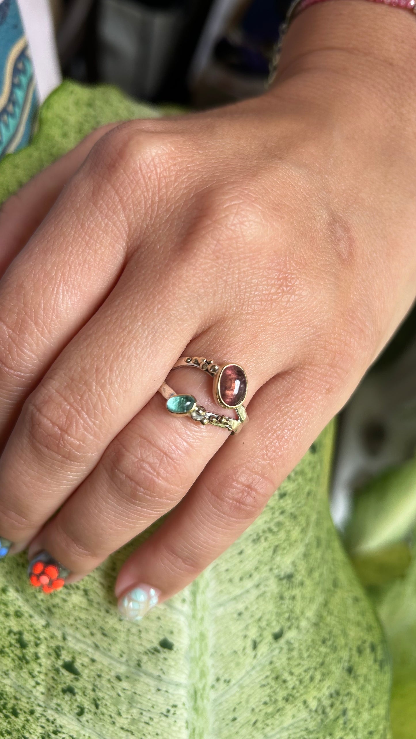 Wavy Baby mixed metal ring Size 7.5 Gauva Tourmaline & Teal Tourmaline