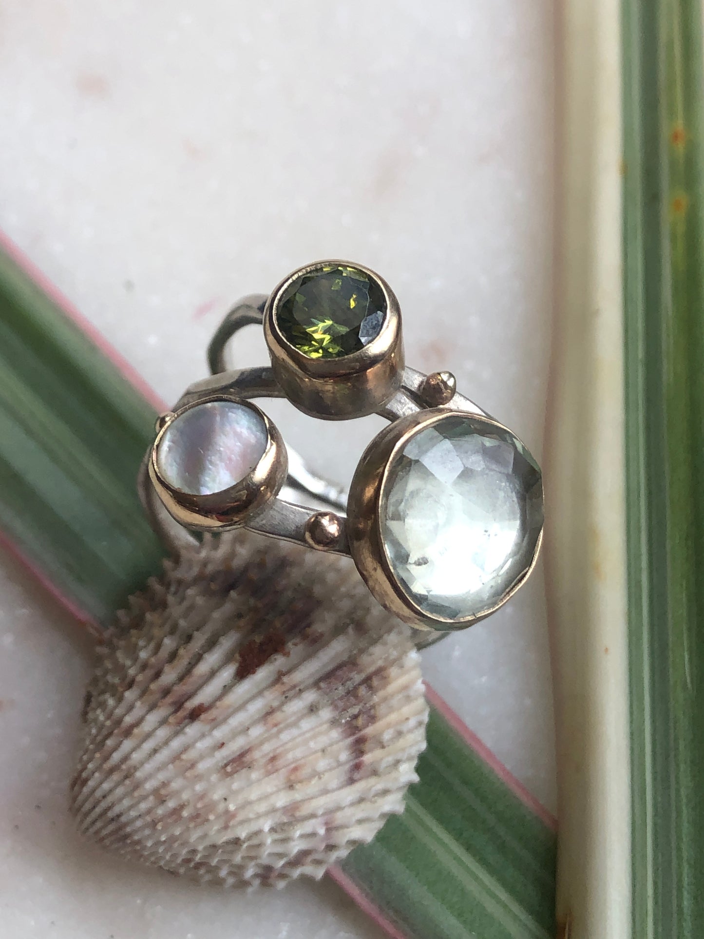 Mother of Pearl, Peridot and Green Amethyst Multi band ring with 14K Gold Bezel and Accents