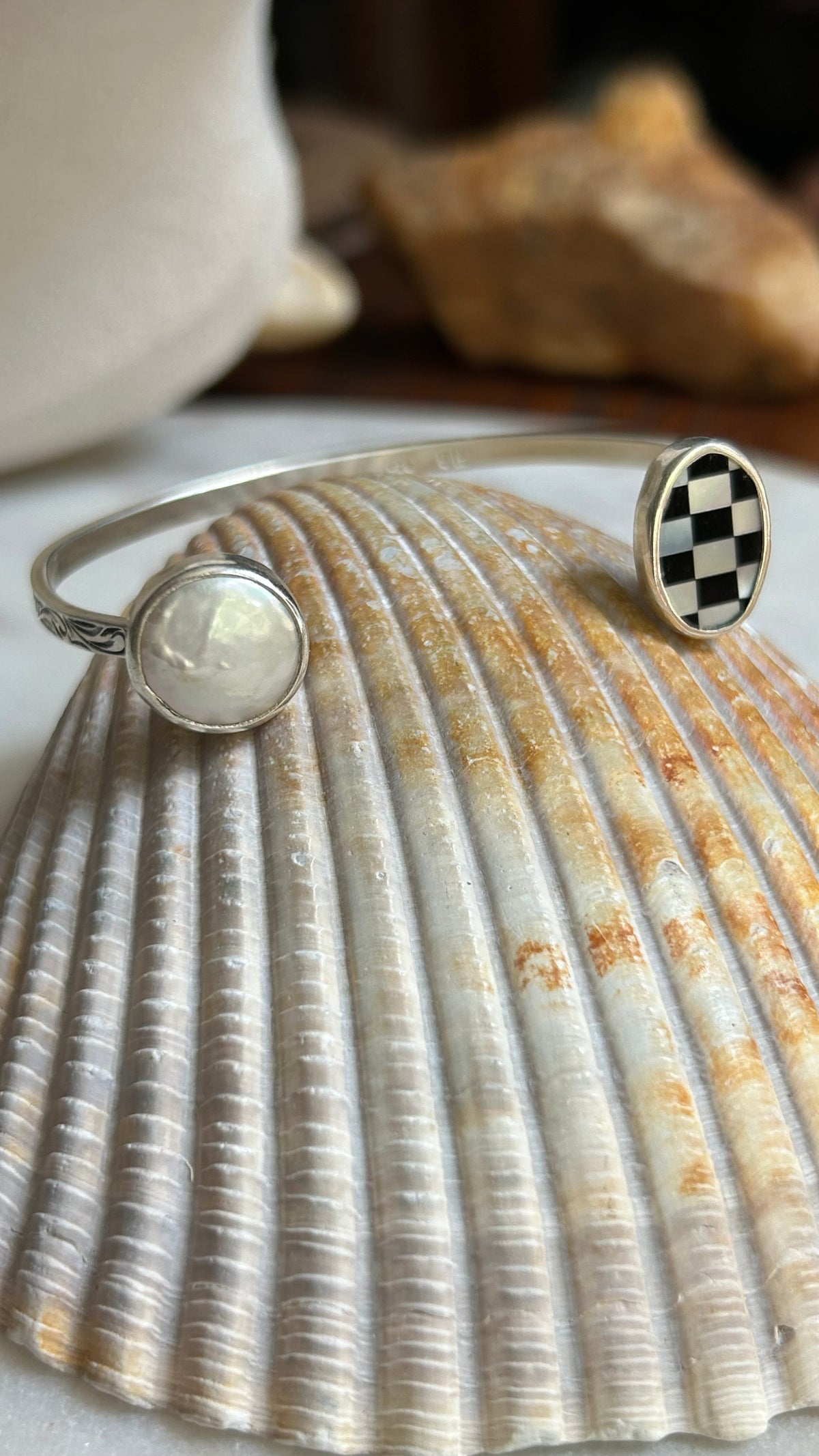 Vintage checker cabochon and Freshwater Coin Pearl