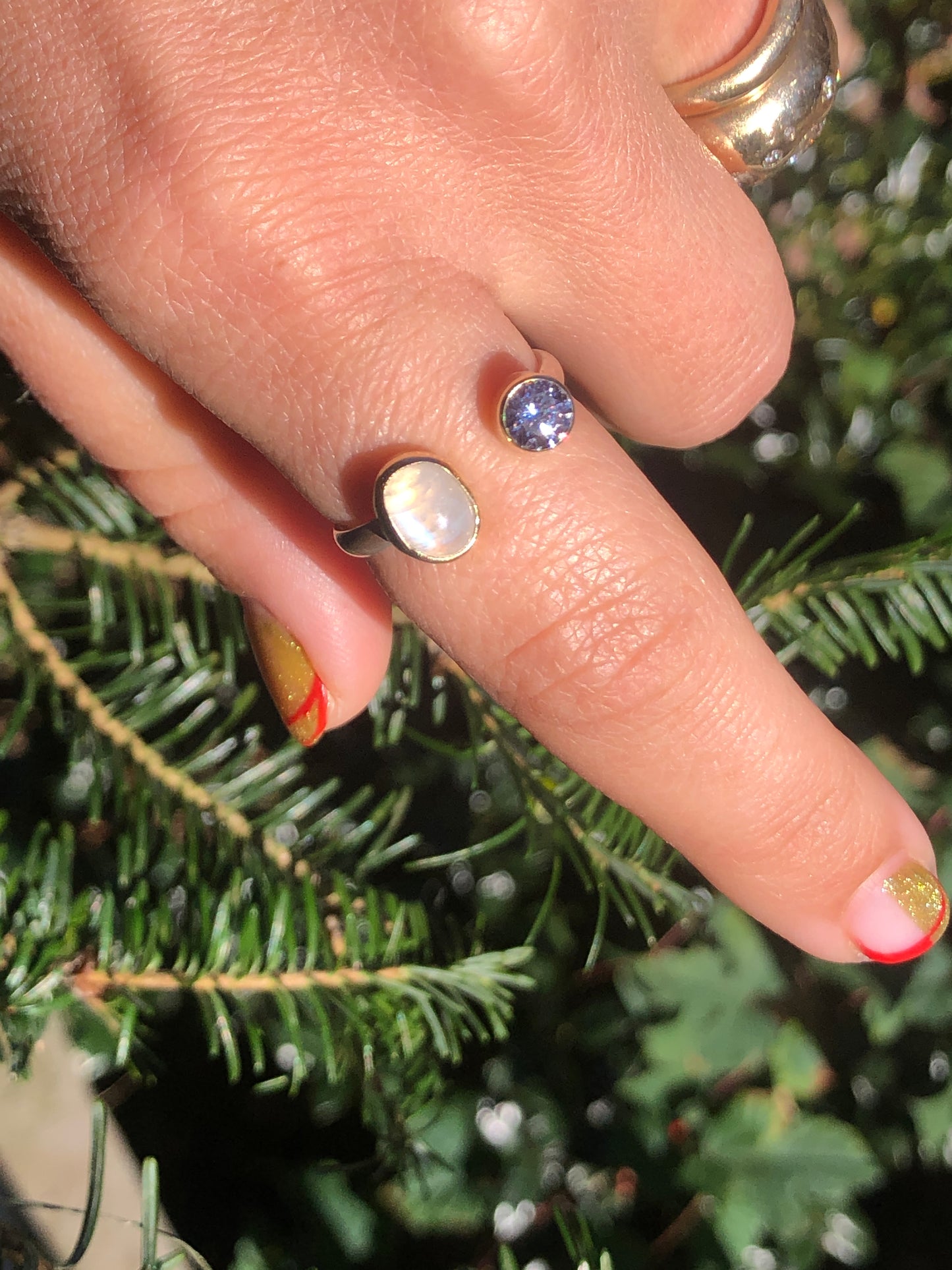 Moonstone and Lavender CZ 14K Gold Bezel Ring with Sterling Band
