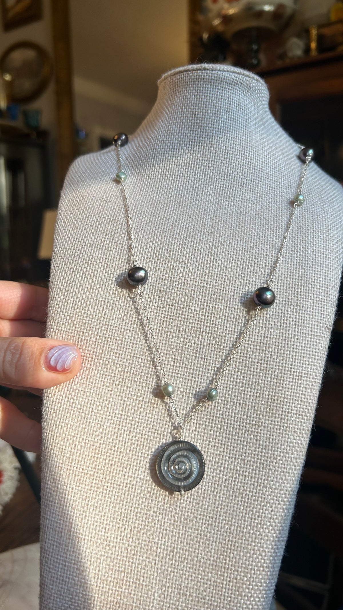 Carved Abalone & freshwater pearl necklace