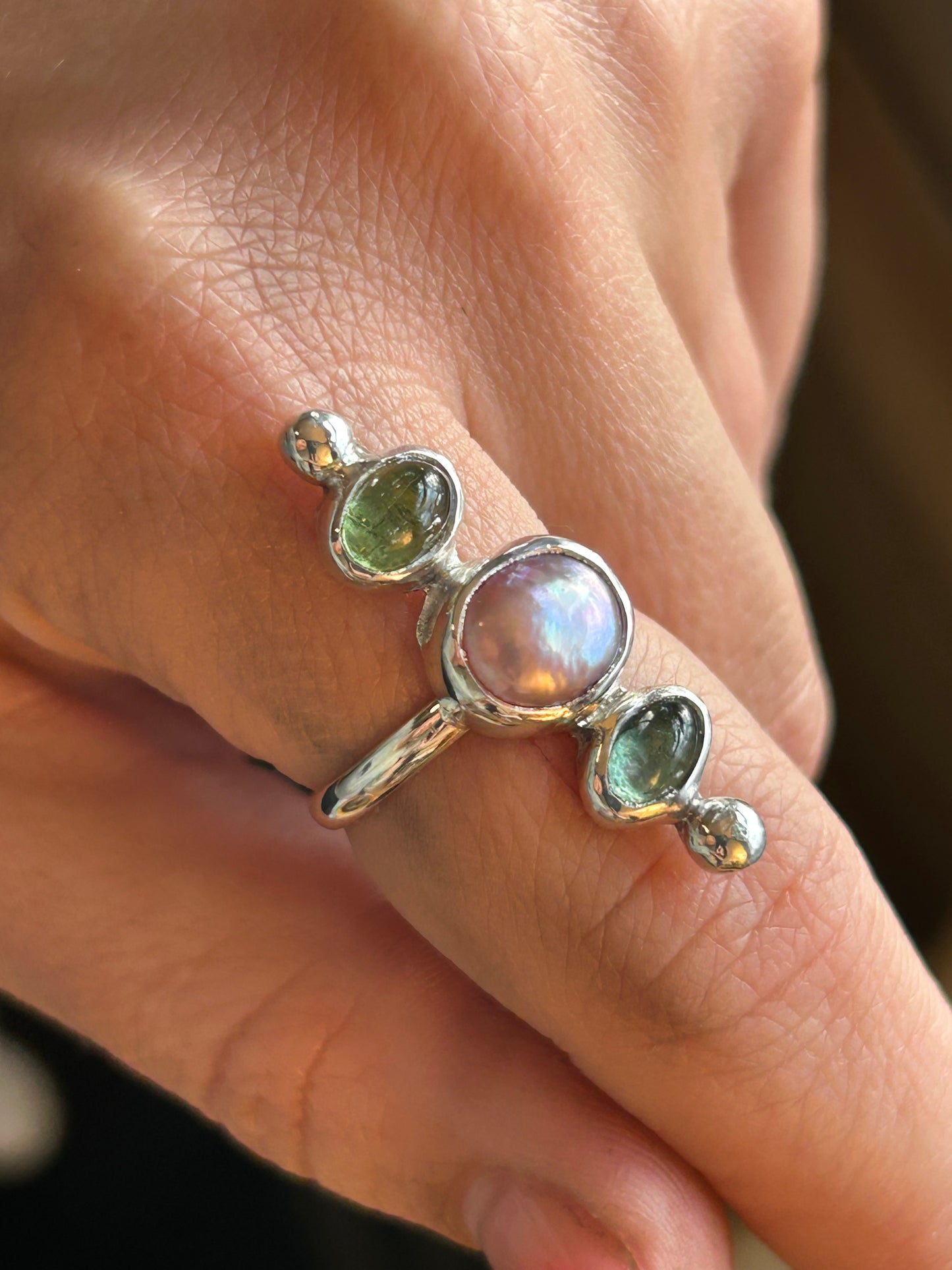 Green Tourmaline & Freshwater Pearl Ring Size size 8