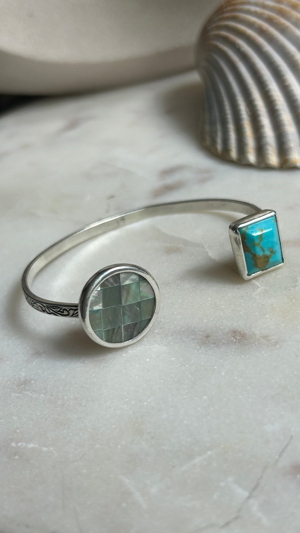 Checker Tronca shell inlay and Turquoise cuff