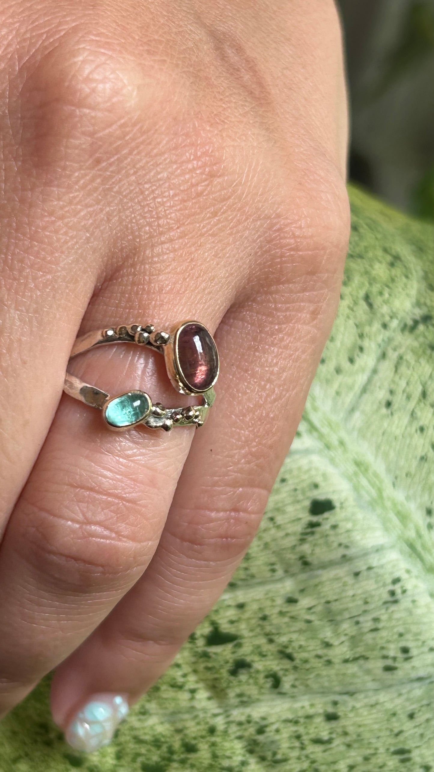 Wavy Baby mixed metal ring Size 7.5 Gauva Tourmaline & Teal Tourmaline