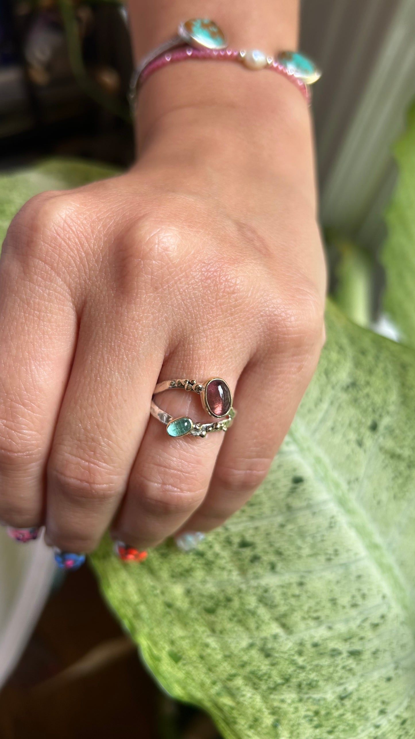 Wavy Baby mixed metal ring Size 7.5 Gauva Tourmaline & Teal Tourmaline