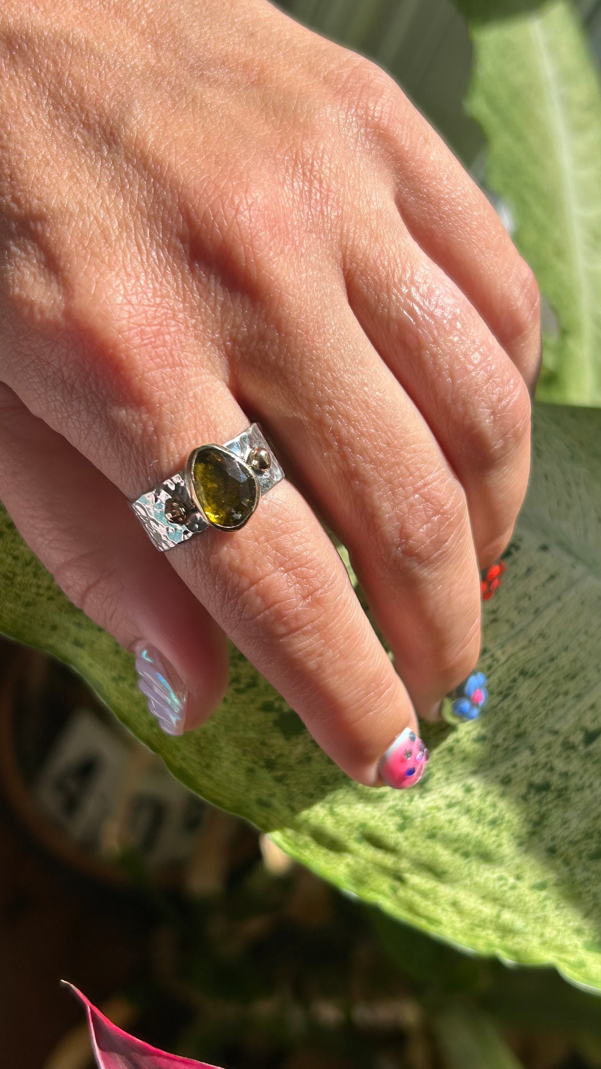 Green Tourmaline mixed metal and wide band size 9.5