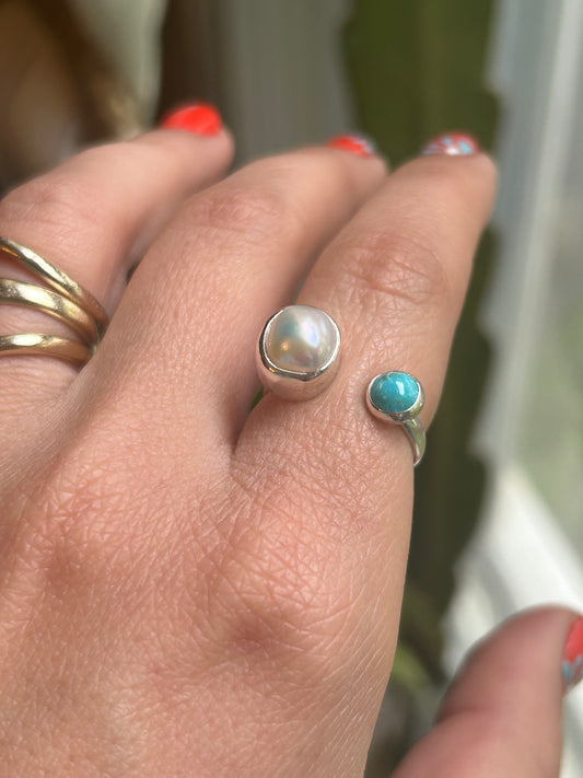 Freshwater Pearl & Turquoise Adjustable Ring