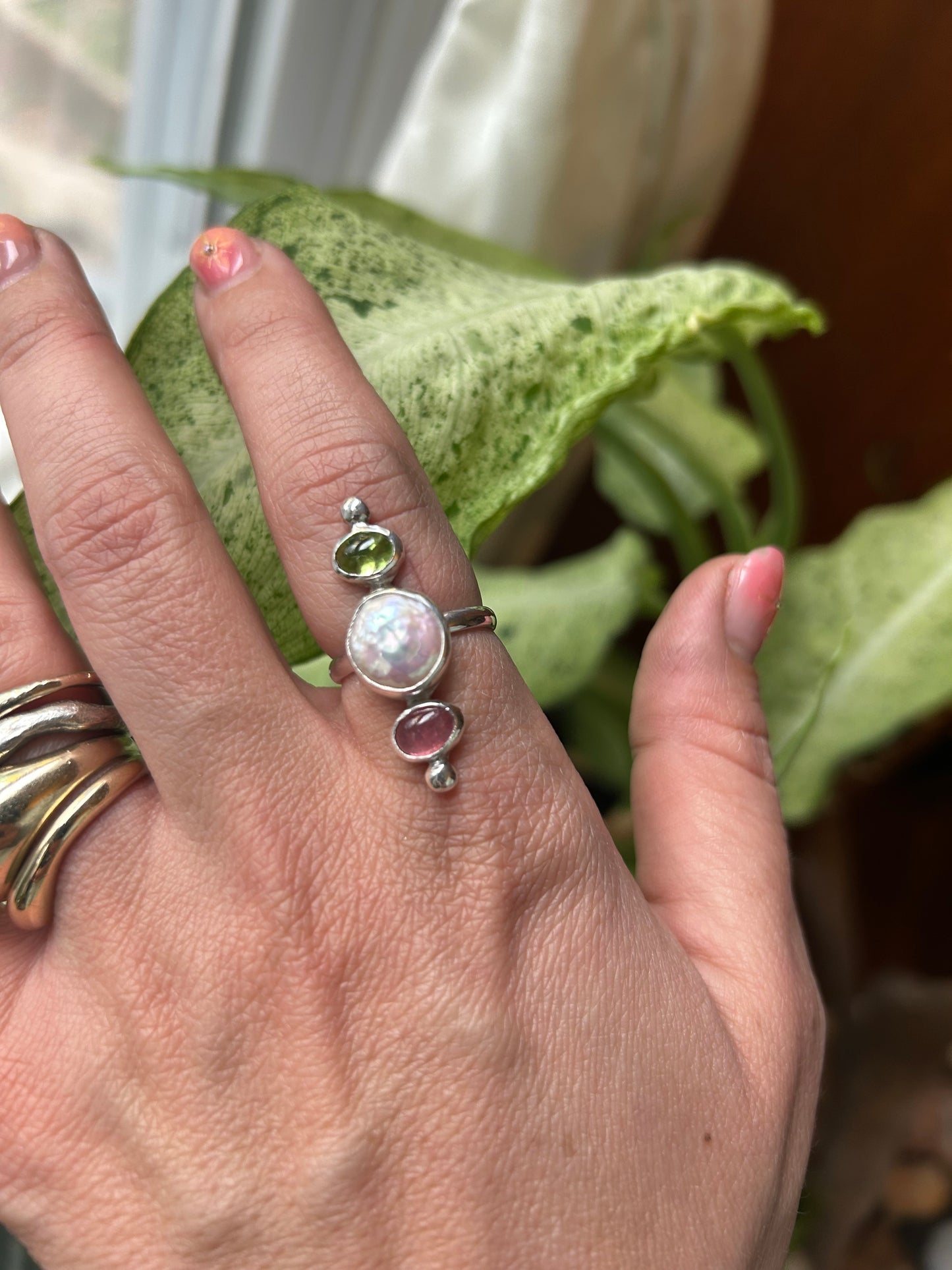 Pink Tourmaline, Peridot and Freshwater Pearl ring