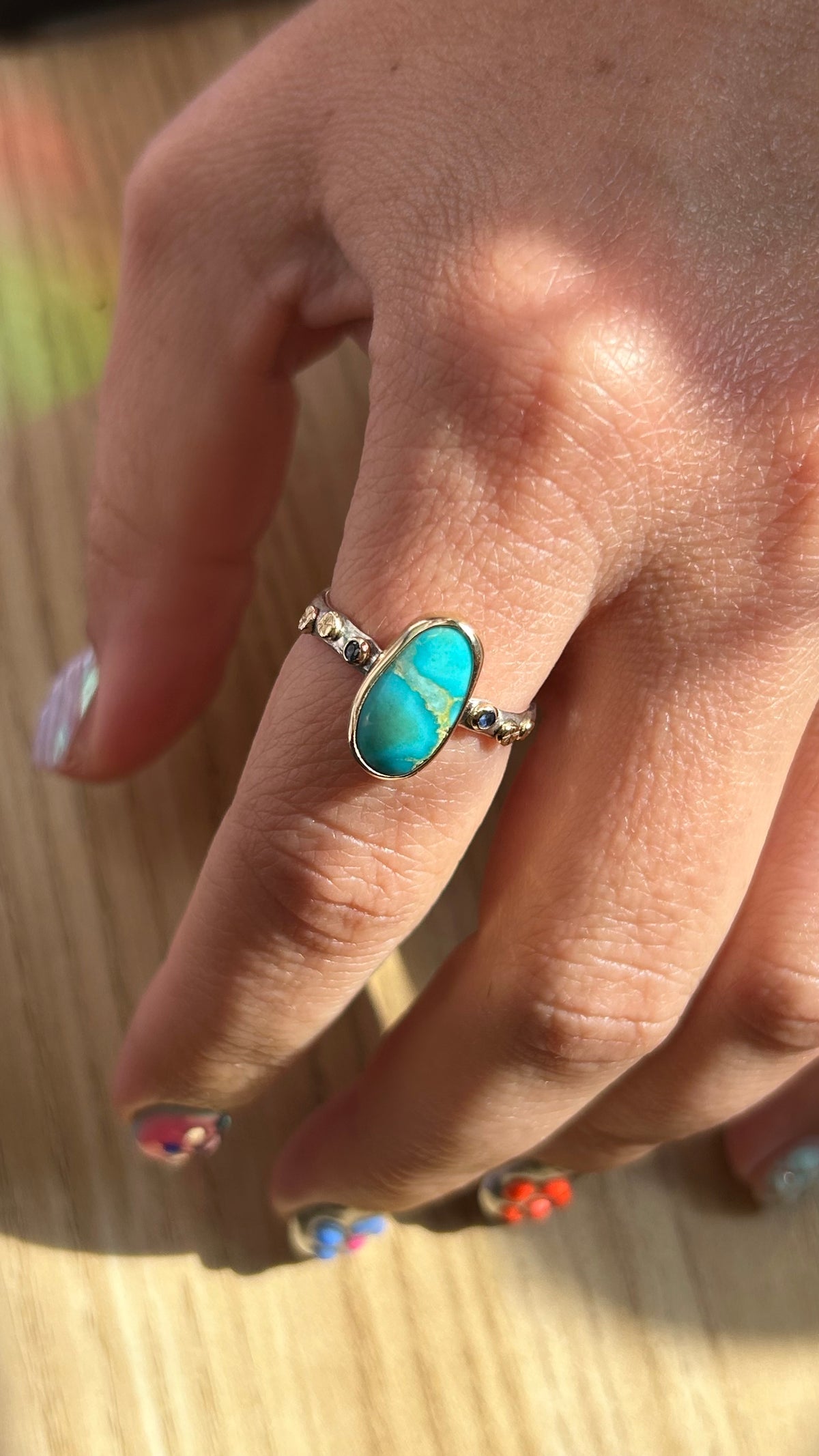 Mixed Metal with Turquoise & sapphire details. Size 8.5