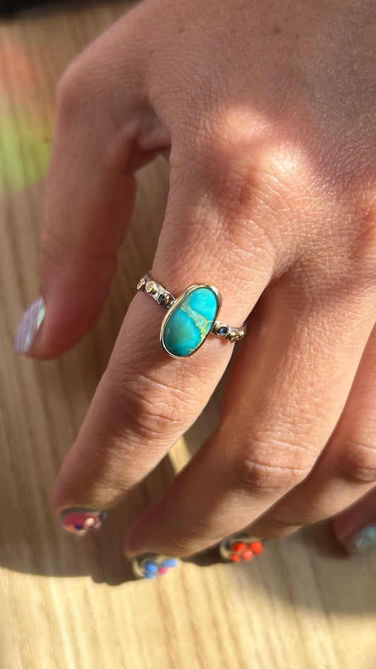 Mixed Metal with Turquoise & sapphire details. Size 8.5