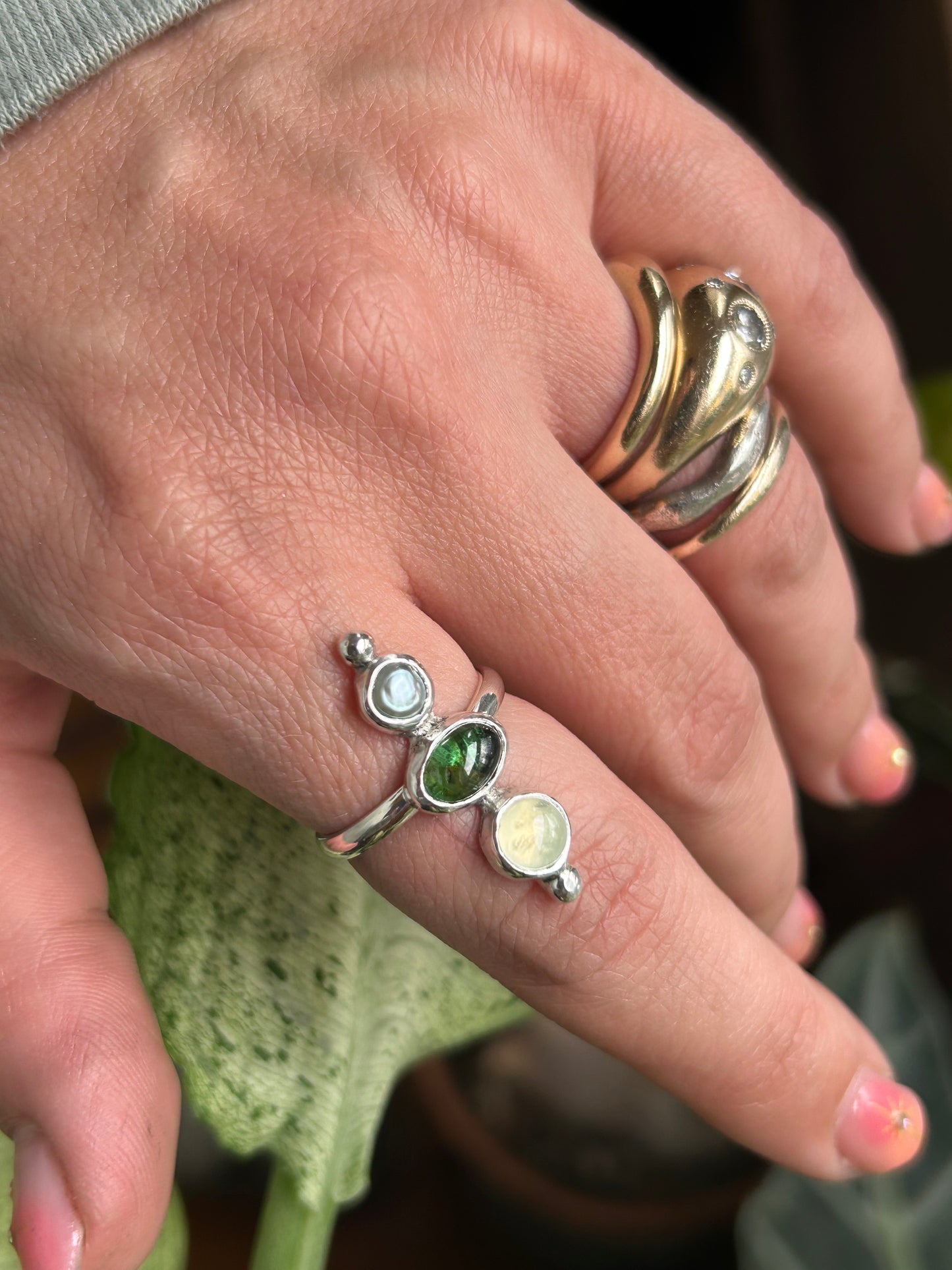 Green Tourmaline, Prehnite and Freshwater Pearl ring size