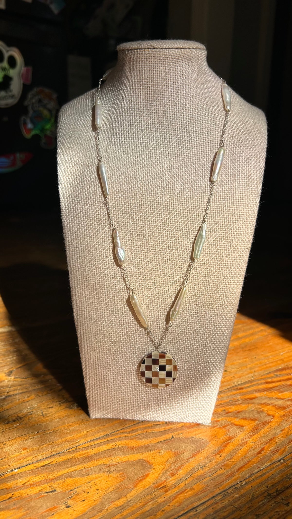 Freshwater Pin Pearl & Inlay Pendant Necklace