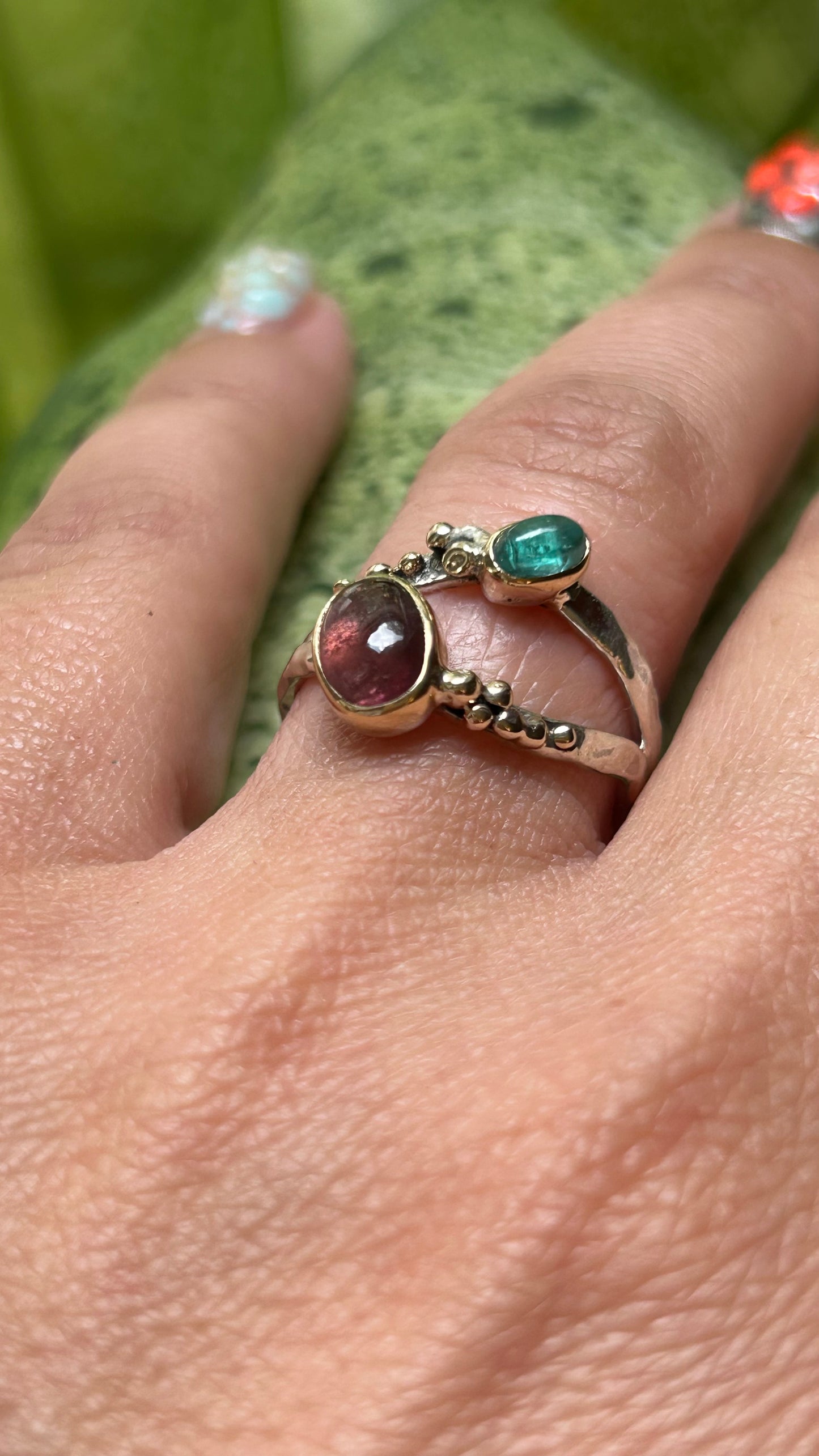 Wavy Baby mixed metal ring Size 7.5 Gauva Tourmaline & Teal Tourmaline