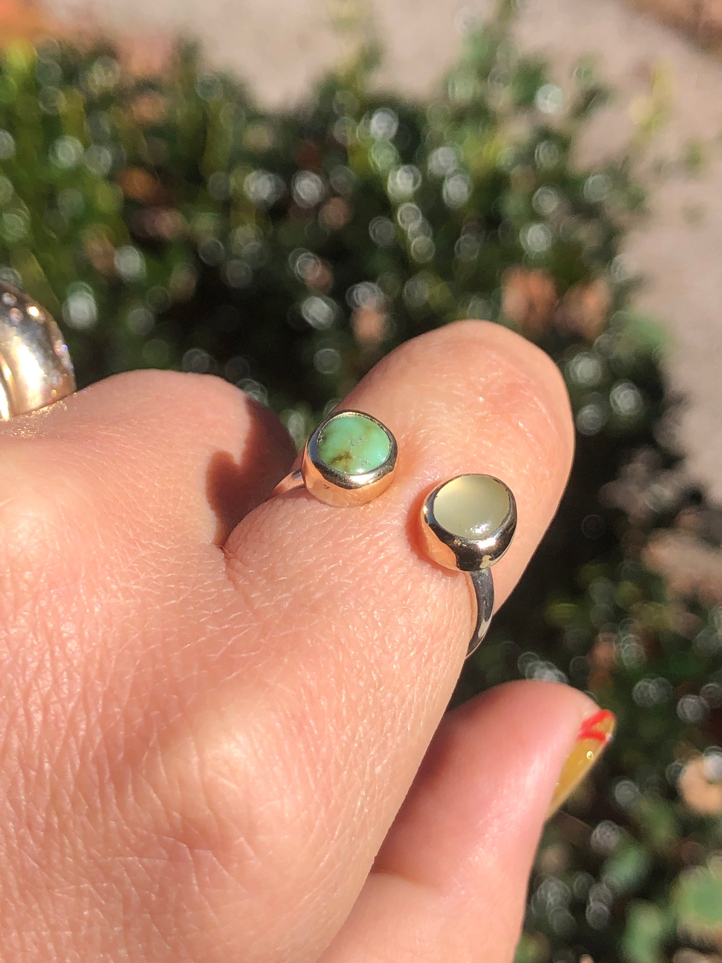 Sonoran Gold Turquoise and Prehnite 14k Gold and Sterling Adjustable Ring