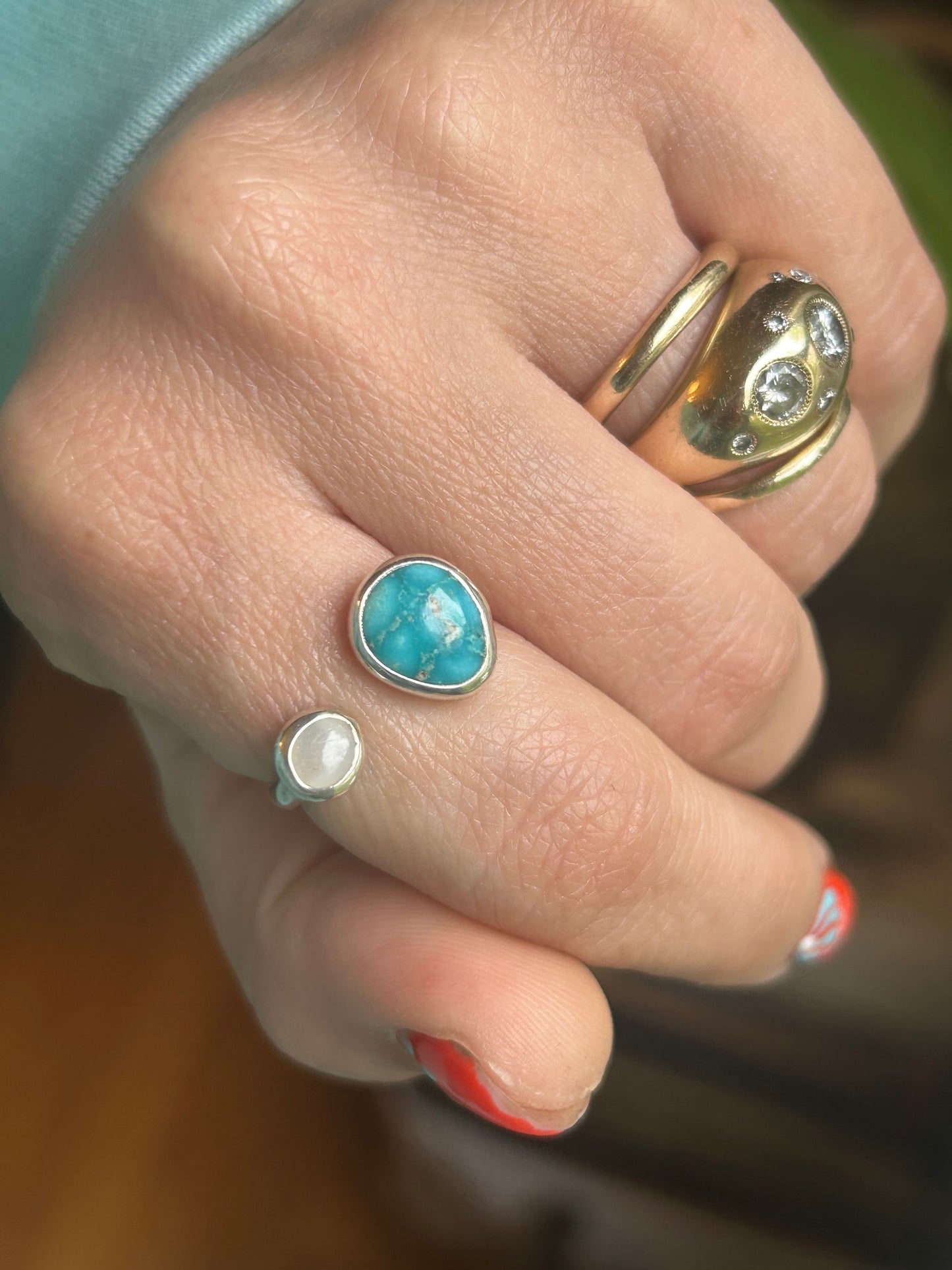 White Water Turquoise & Mother of Pearl Adjustable Ring