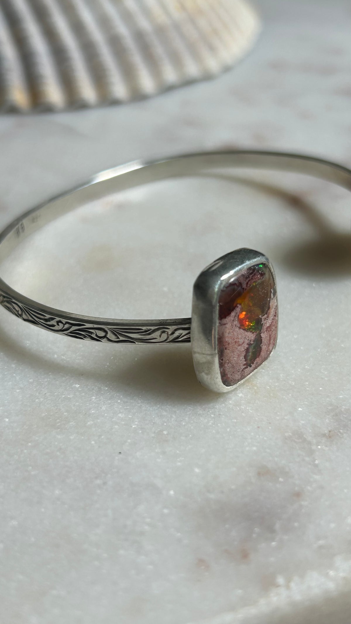 Fire Opal & Tigers Eye Engraved cuff