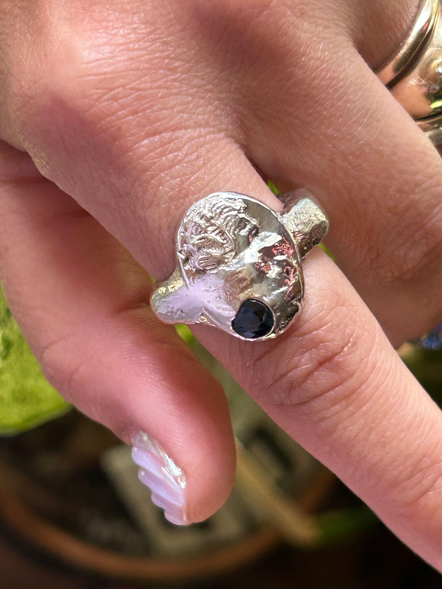 Blazar Sand Cast Abstact Cameo Ring with Blue Sapphire size 9.25