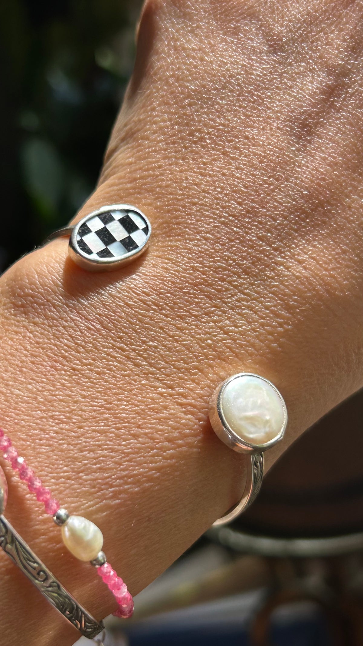 Vintage checker cabochon and Freshwater Coin Pearl