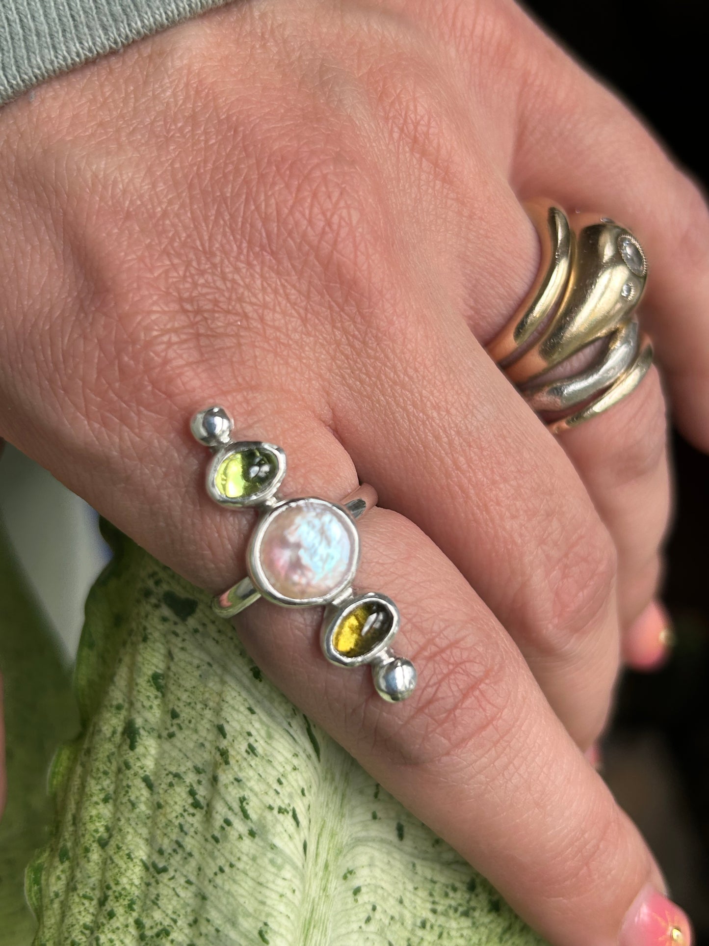 Peridot, Tourmaline and Freshwater Pearl ring size 7.5