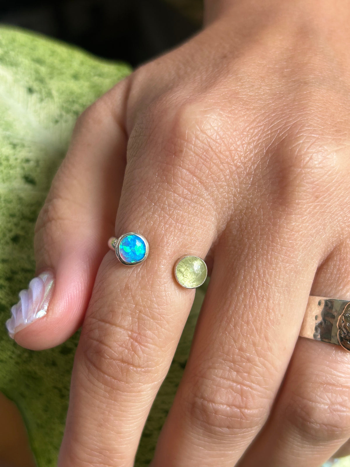 Lab opal & Prehnite Ring size 6.5