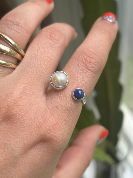 Freshwater Pearl & Lapis Lazuli Adjustable Ring