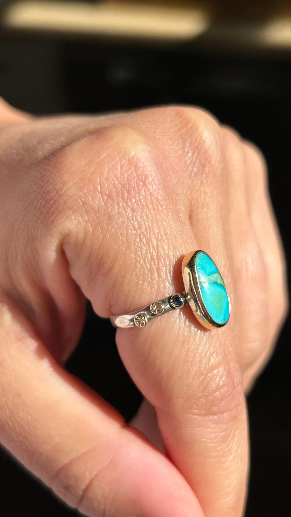 Mixed Metal with Turquoise & sapphire details. Size 8.5