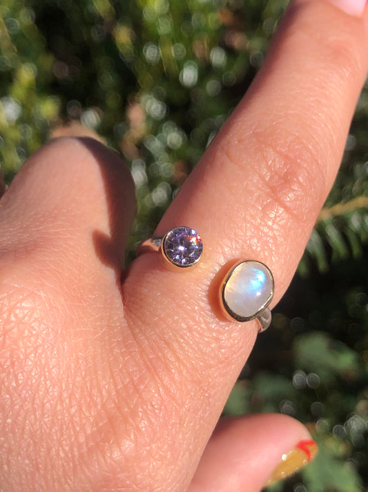 Moonstone and Lavender CZ 14K Gold Bezel Ring with Sterling Band