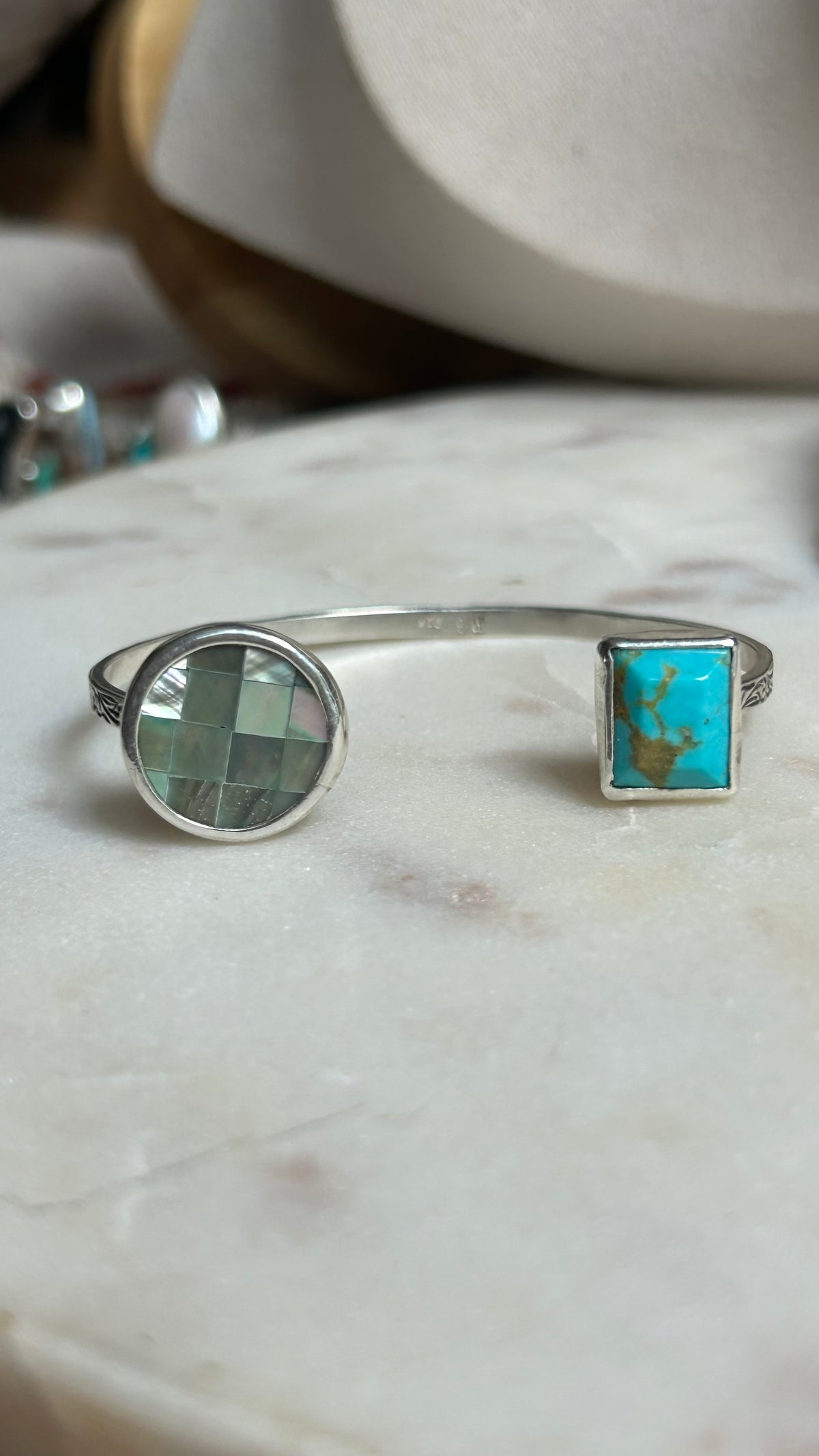 Checker Tronca shell inlay and Turquoise cuff