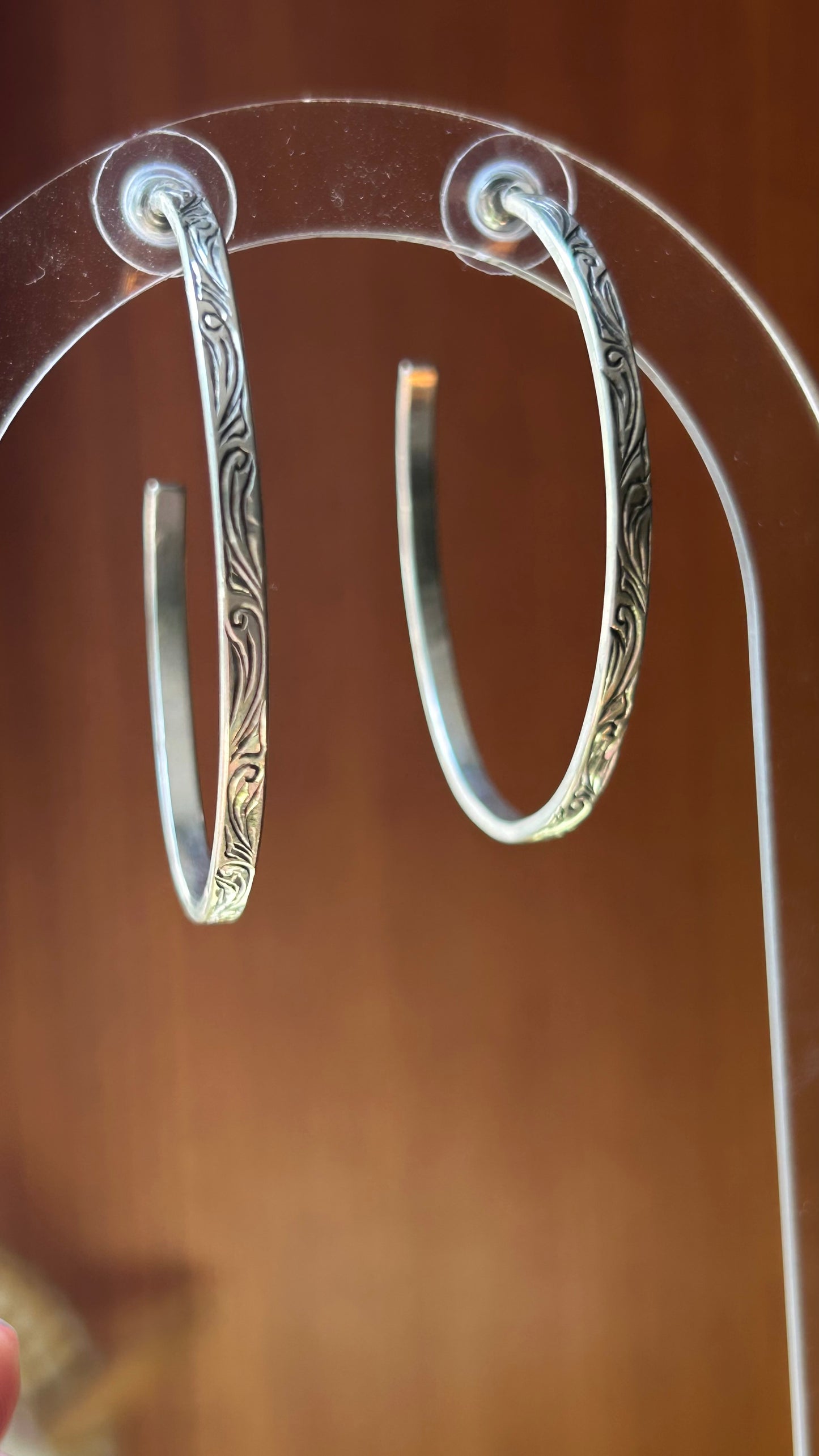 Large Hand Engraved Sterling Hoop Earrings with Post