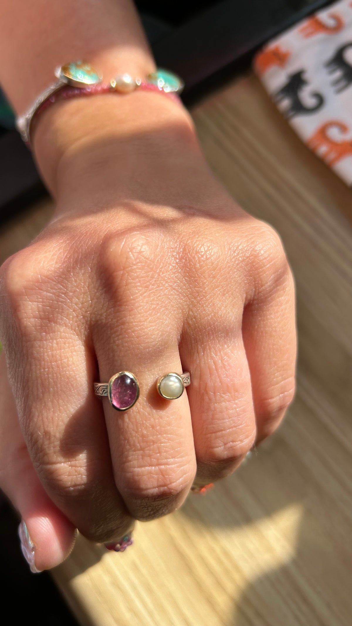 Mixed metal pink tourmaline & pearl ring size 9