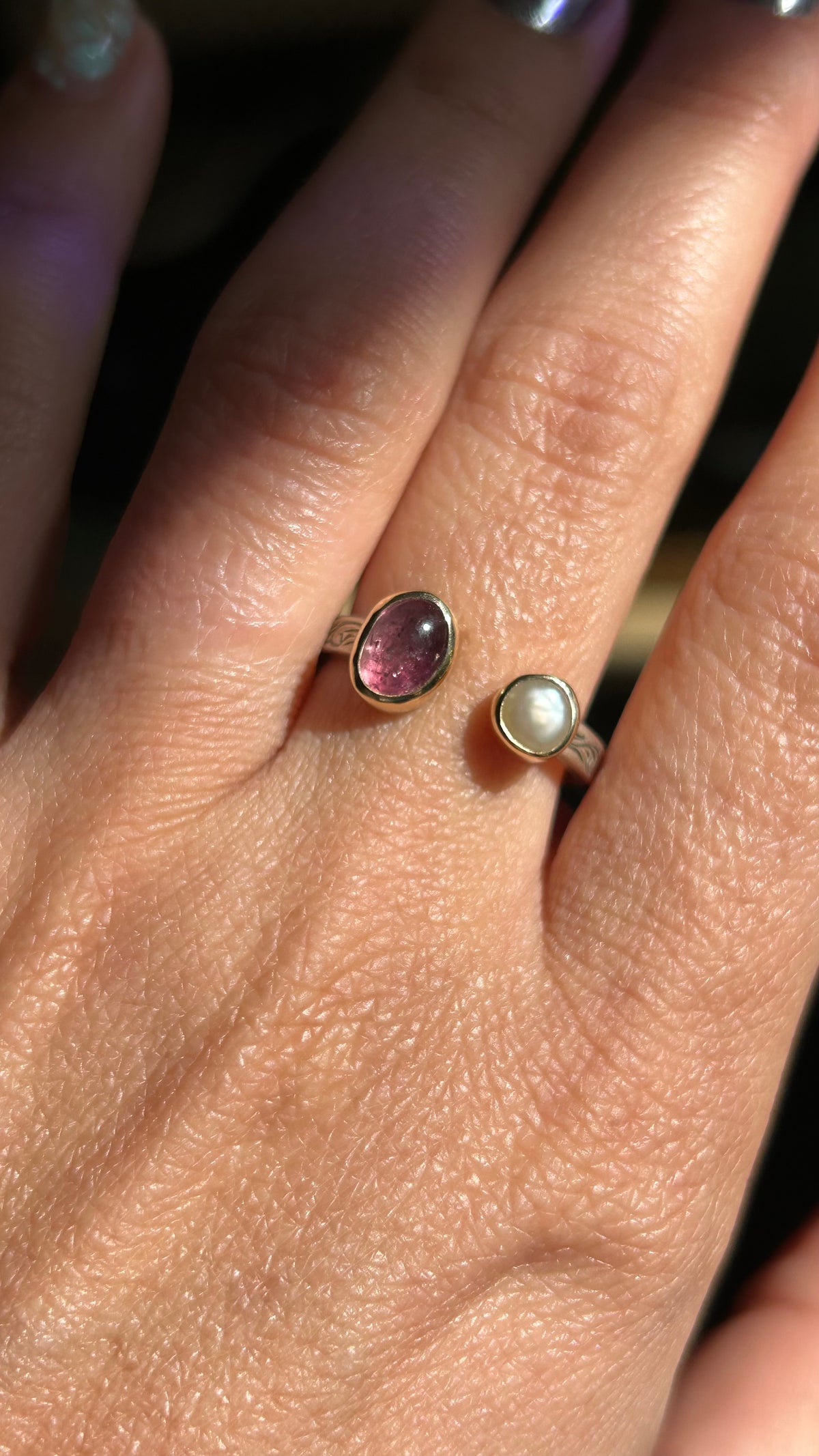 Mixed metal pink tourmaline & pearl ring size 9