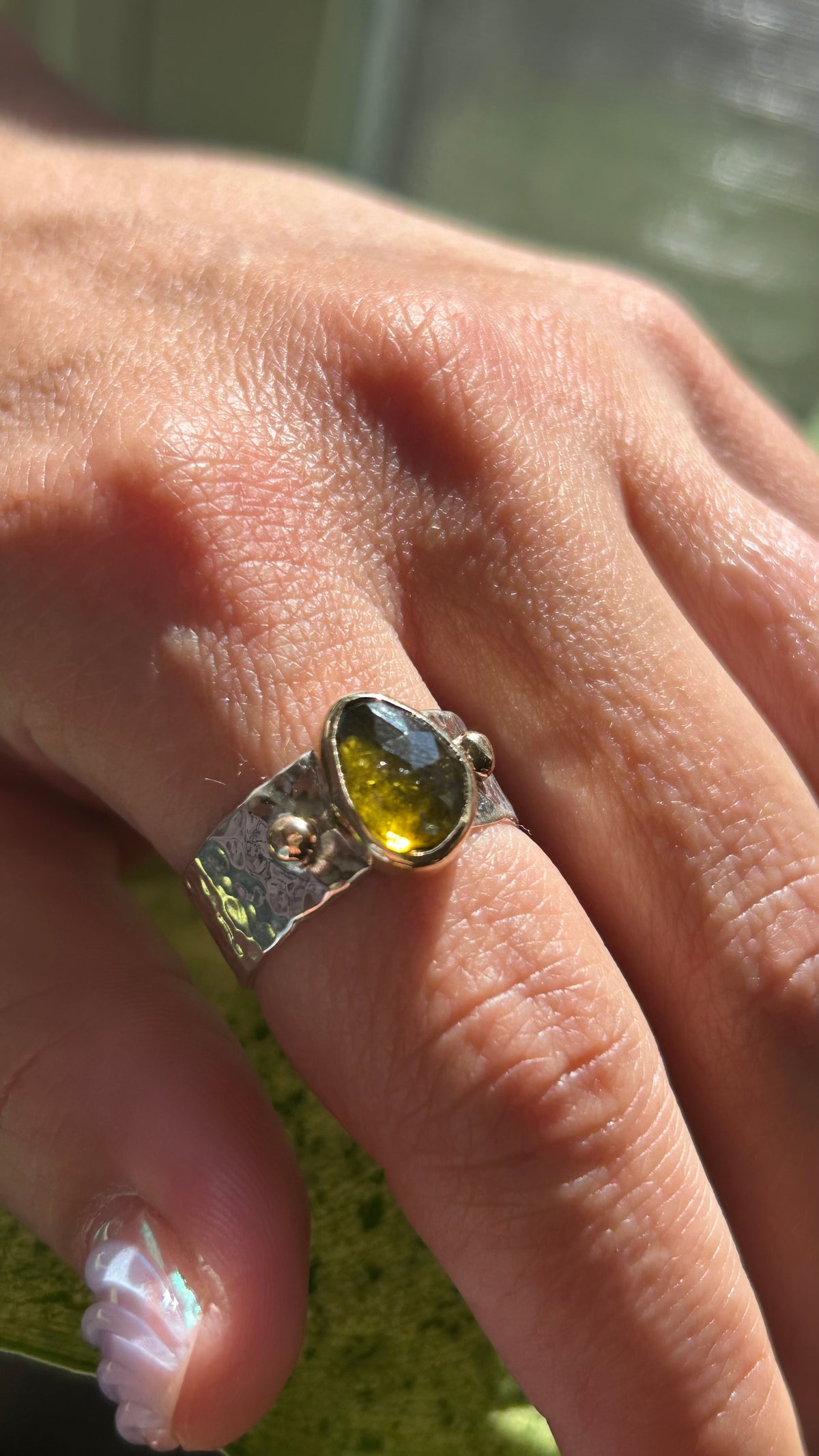 Green Tourmaline mixed metal and wide band size 9.5