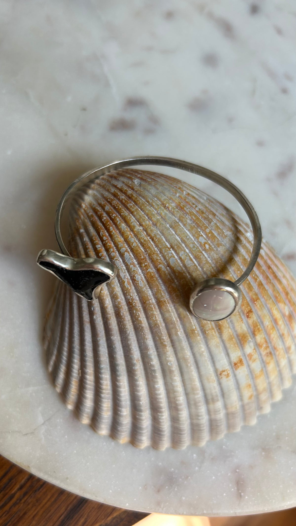 Fossilized Shark Tooth and Mother of Pearl Cuff