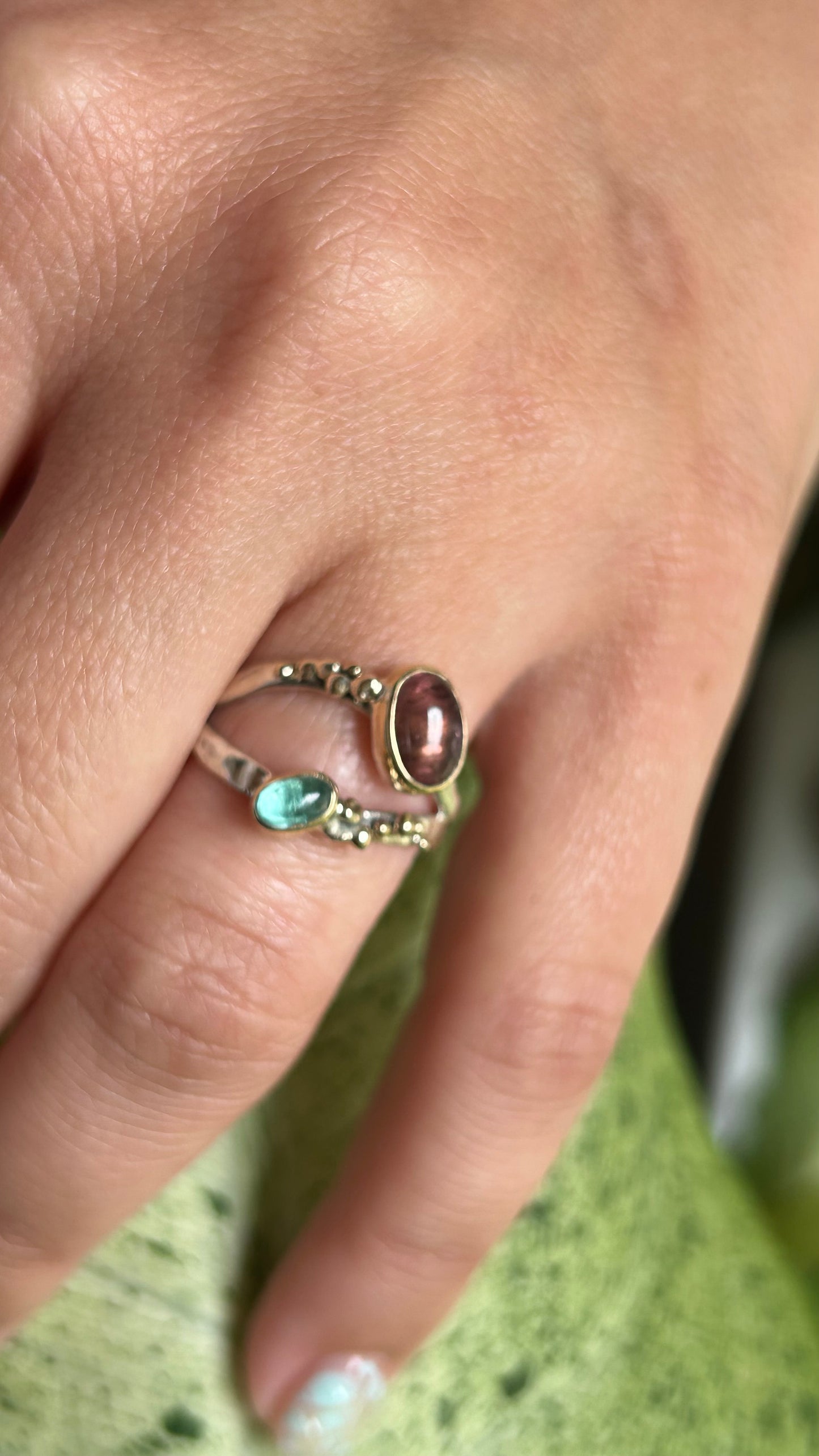Wavy Baby mixed metal ring Size 7.5 Gauva Tourmaline & Teal Tourmaline
