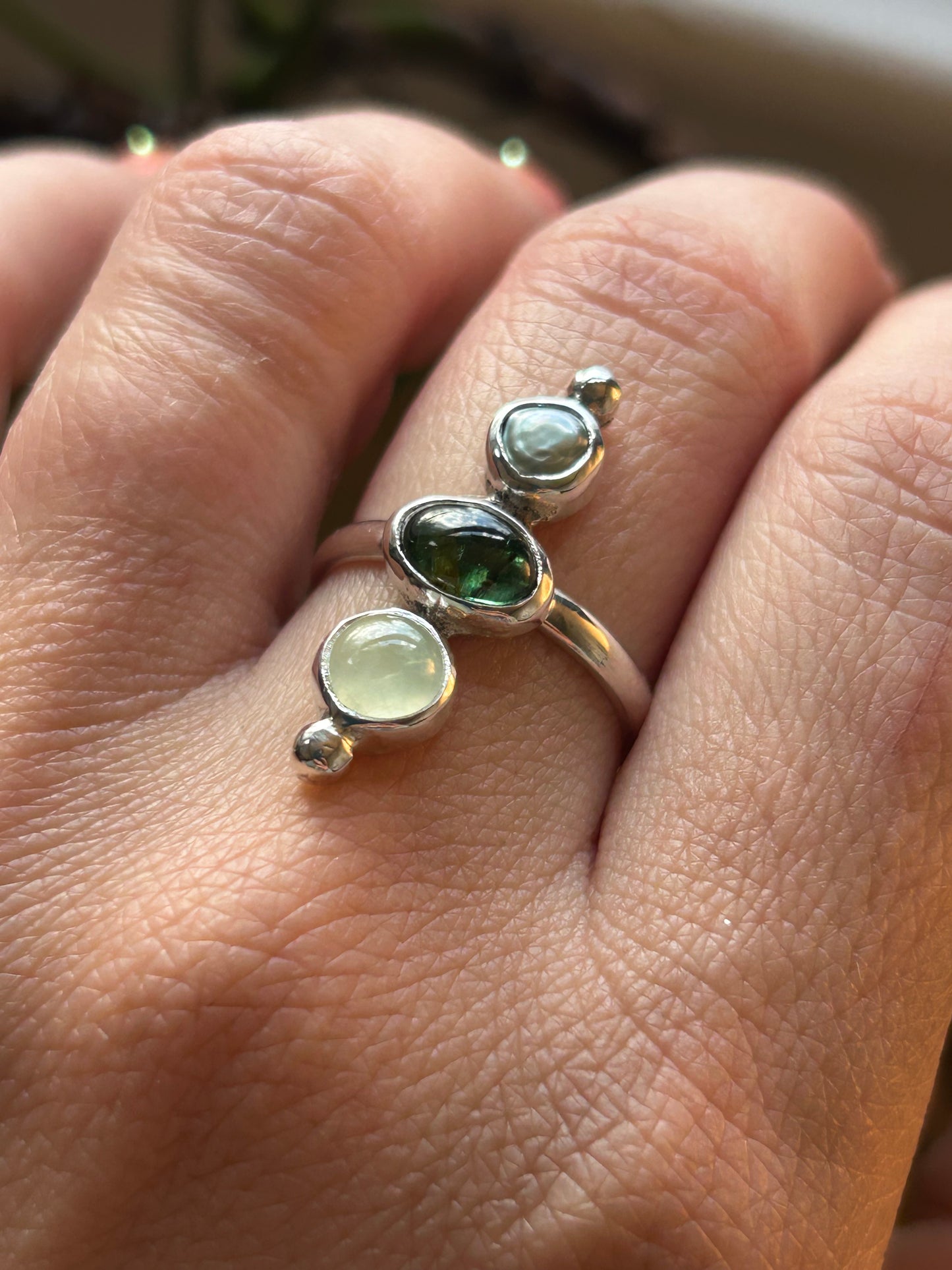 Green Tourmaline, Prehnite and Freshwater Pearl ring size